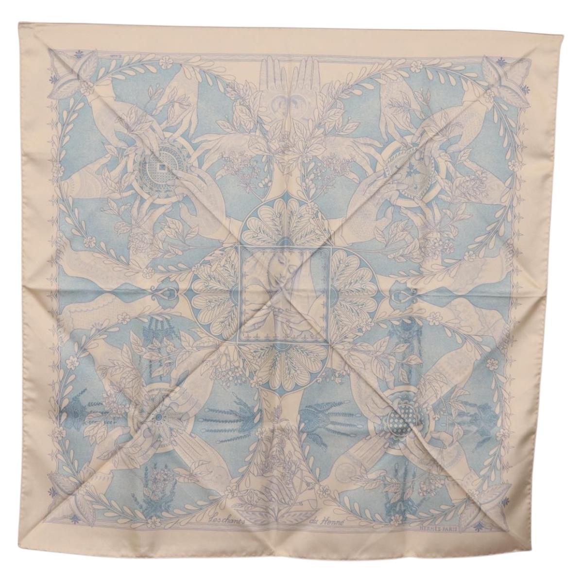 HERMES Carre 90 Scarf Silk Beige Light Blue ""Les chants du Henna"" Auth ki6863M