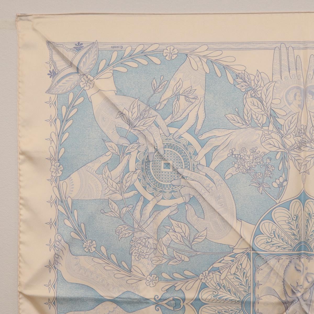 HERMES Carre 90 Scarf Silk Beige Light Blue ""Les chants du Henna"" Auth ki6863M