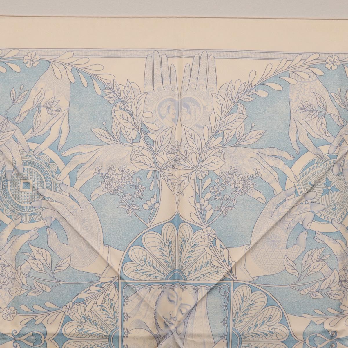 HERMES Carre 90 Scarf Silk Beige Light Blue ""Les chants du Henna"" Auth ki6863M