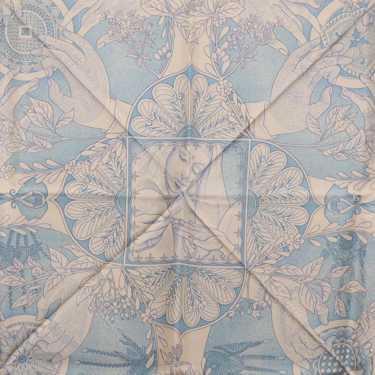 HERMES Carre 90 Scarf Silk Beige Light Blue ""Les chants du Henna"" Auth ki6863M