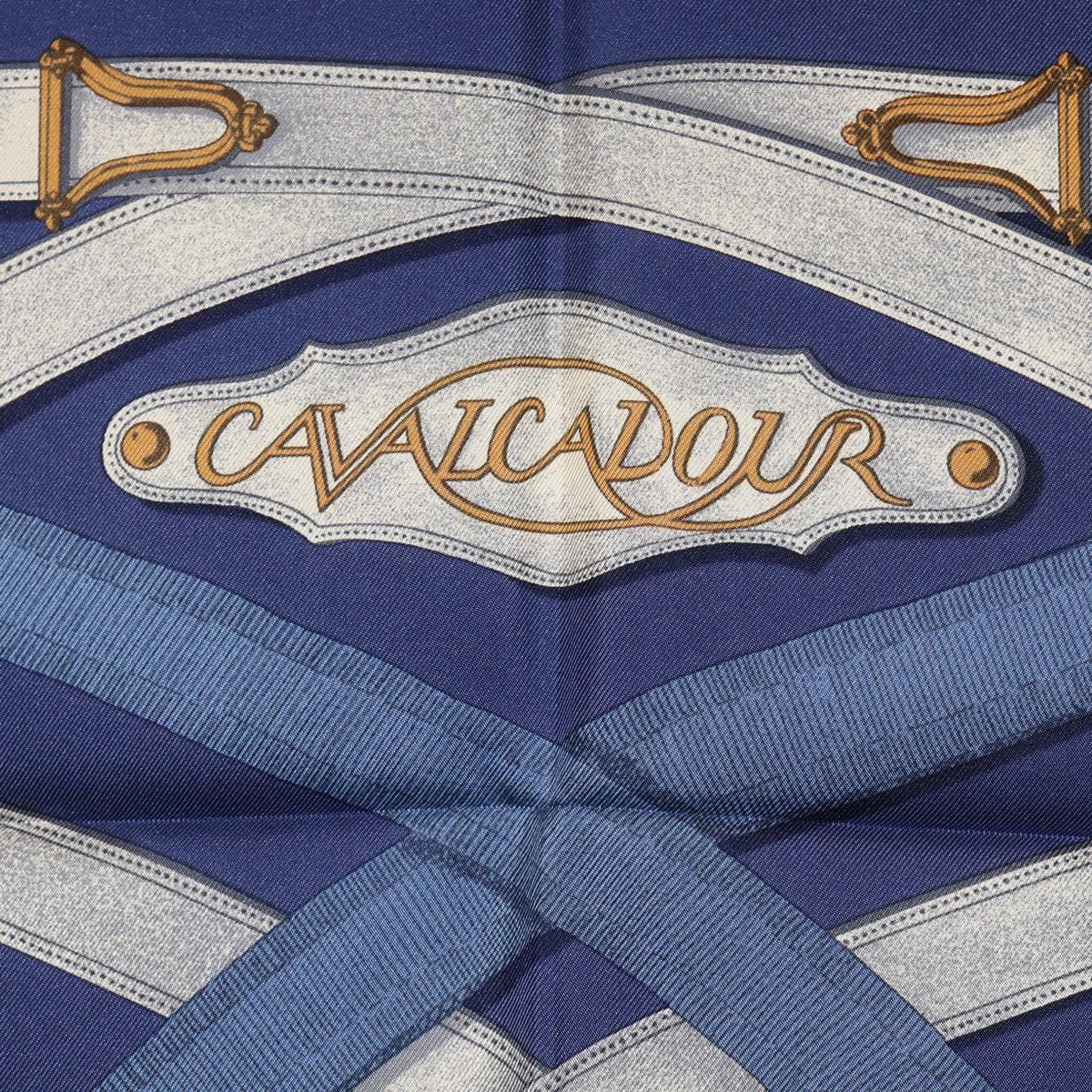 HERMES Carre 90 Scarf Silk Blue White ""CAVALCADOUR"" Auth ki6864M