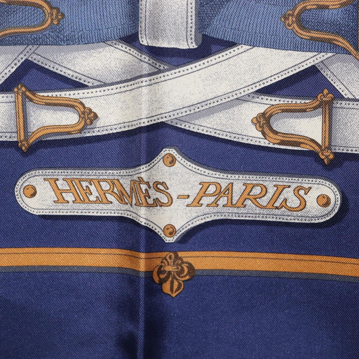 HERMES Carre 90 Scarf Silk Blue White ""CAVALCADOUR"" Auth ki6864M