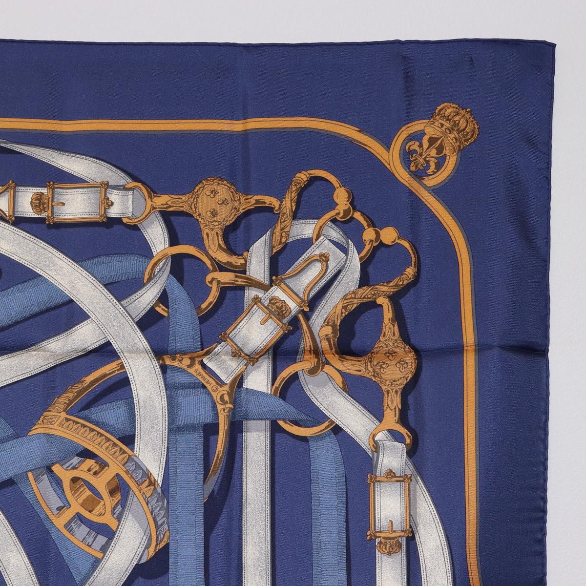 HERMES Carre 90 Scarf Silk Blue White ""CAVALCADOUR"" Auth ki6864M