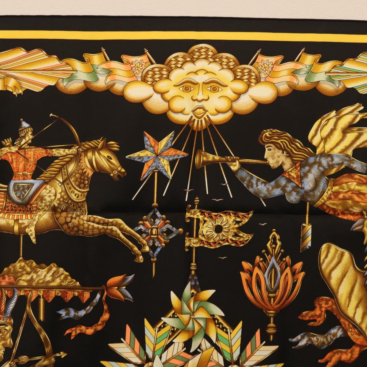 HERMES Carre 90 Scarf Silk Black Yellow Auth ki6865M