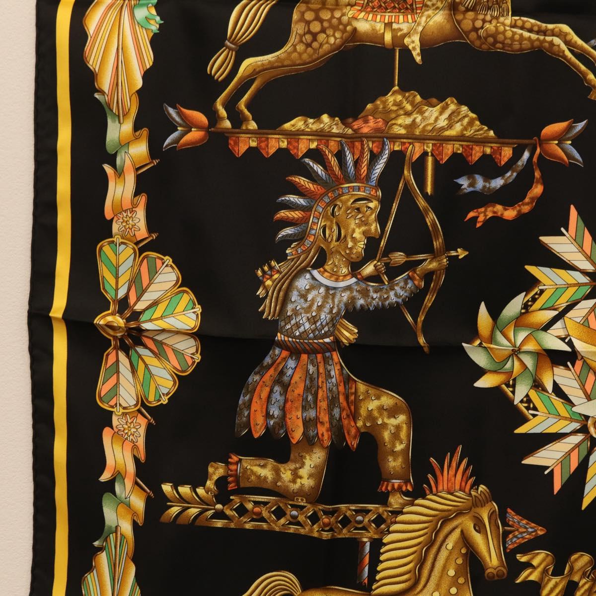 HERMES Carre 90 Scarf Silk Black Yellow Auth ki6865M