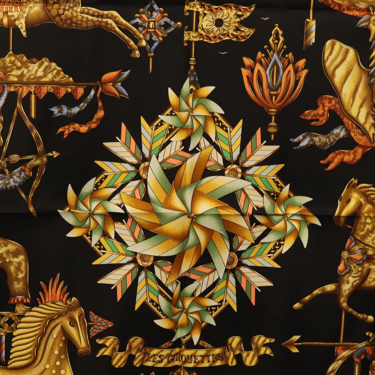 HERMES Carre 90 Scarf Silk Black Yellow Auth ki6865M