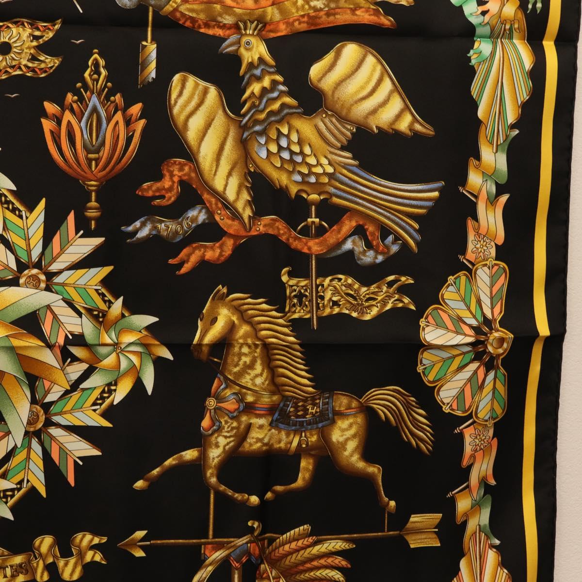HERMES Carre 90 Scarf Silk Black Yellow Auth ki6865M