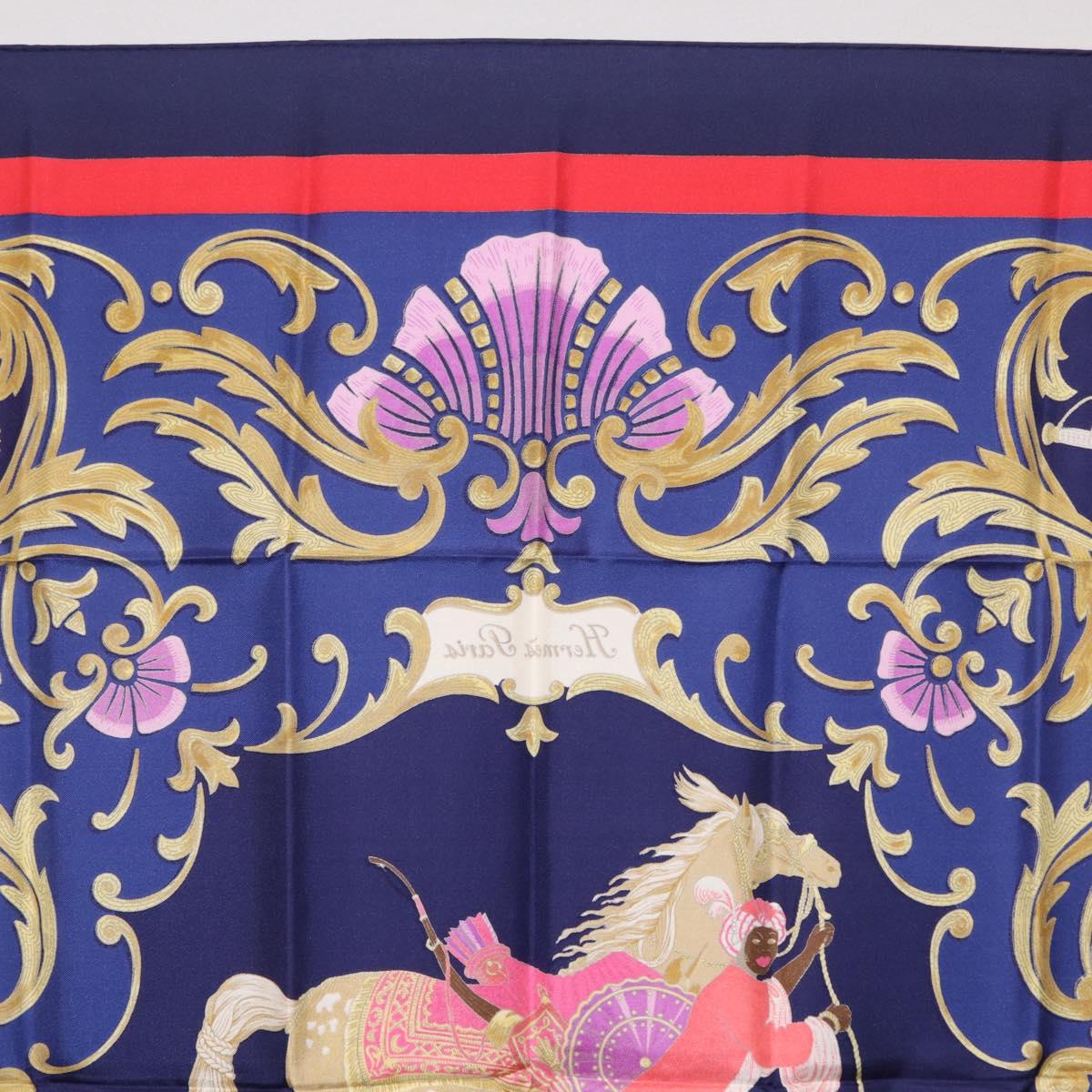 HERMES Carre 90 Scarf Silk Blue Red ""Cheval Jurc."" Auth ki6866M