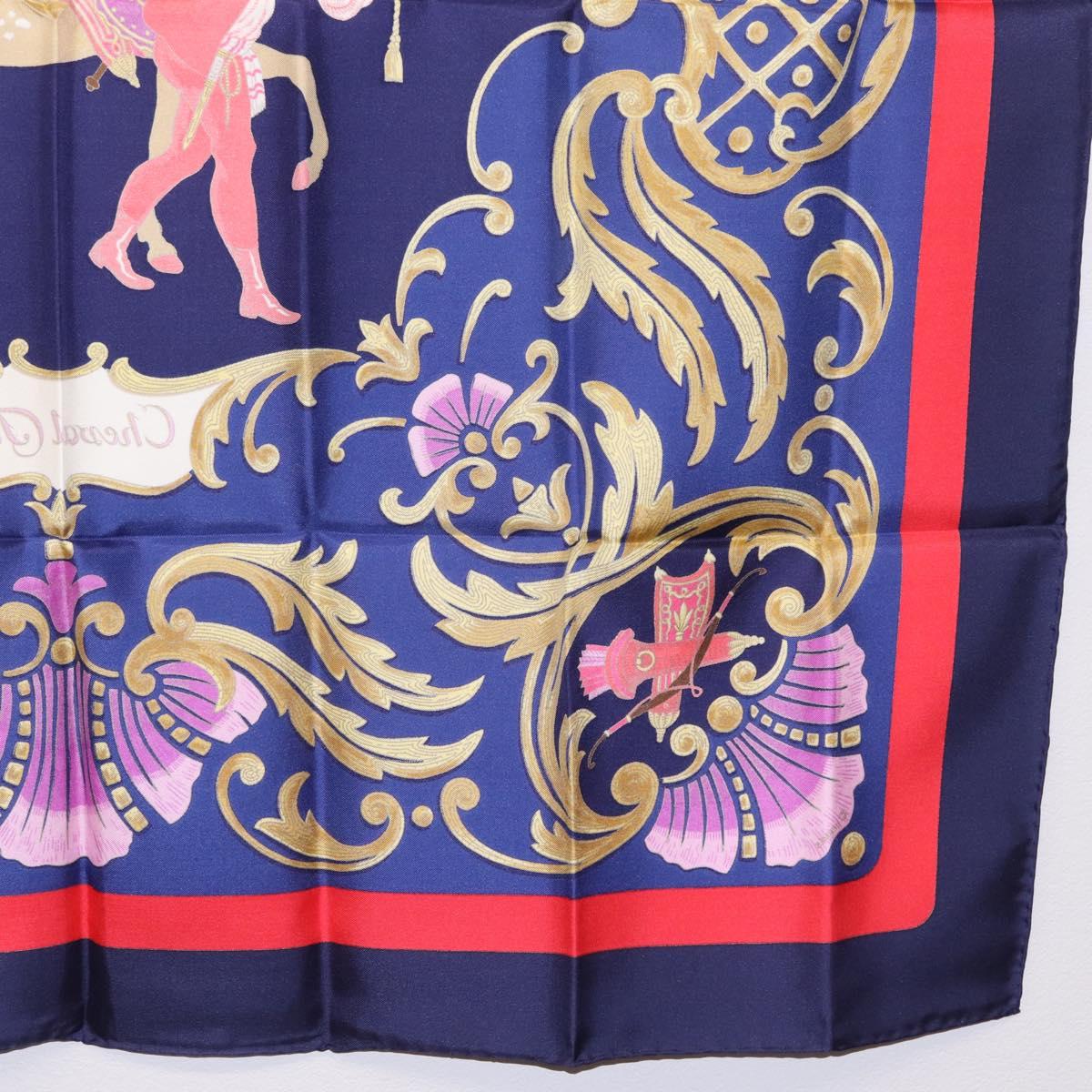 HERMES Carre 90 Scarf Silk Blue Red ""Cheval Jurc."" Auth ki6866M