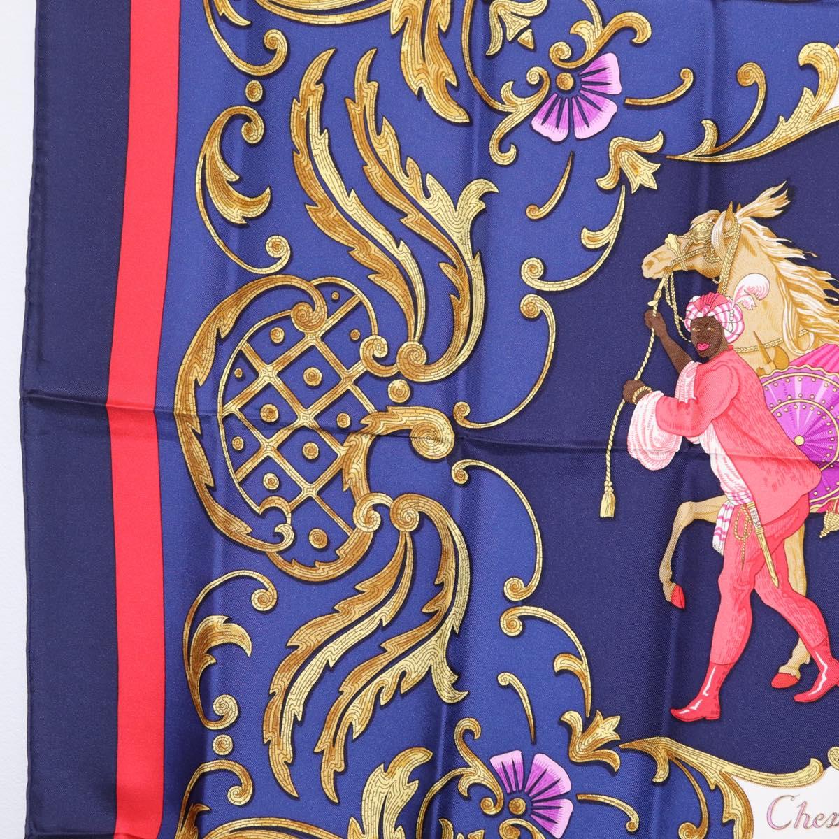 HERMES Carre 90 Scarf Silk Blue Red ""Cheval Jurc."" Auth ki6866M