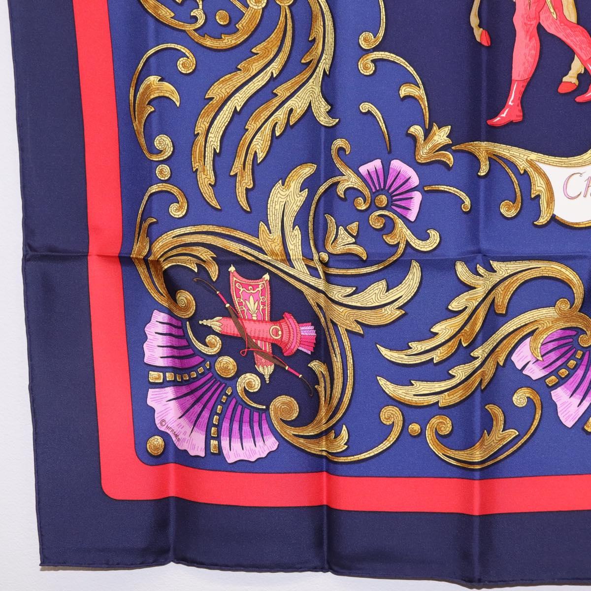 HERMES Carre 90 Scarf Silk Blue Red ""Cheval Jurc."" Auth ki6866M