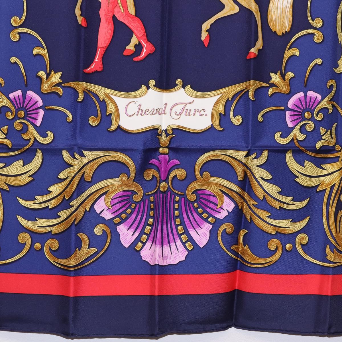 HERMES Carre 90 Scarf Silk Blue Red ""Cheval Jurc."" Auth ki6866M