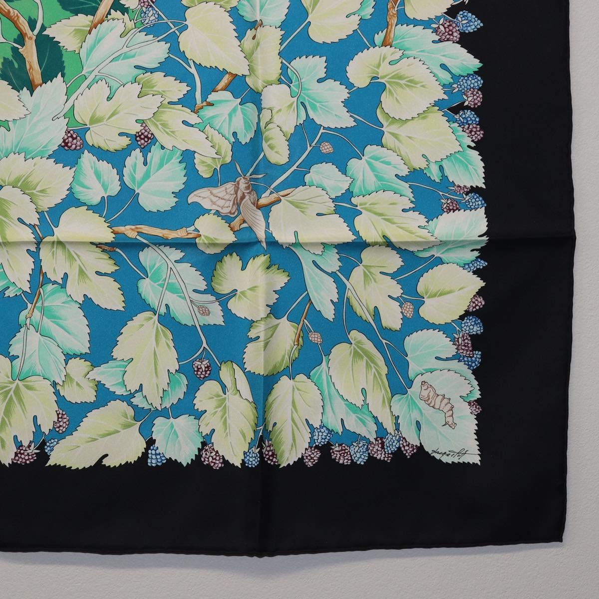 HERMES Carre 90 Scarf Silk Black Blue ""L'ARBRE de SOIE"" Auth ki6867M