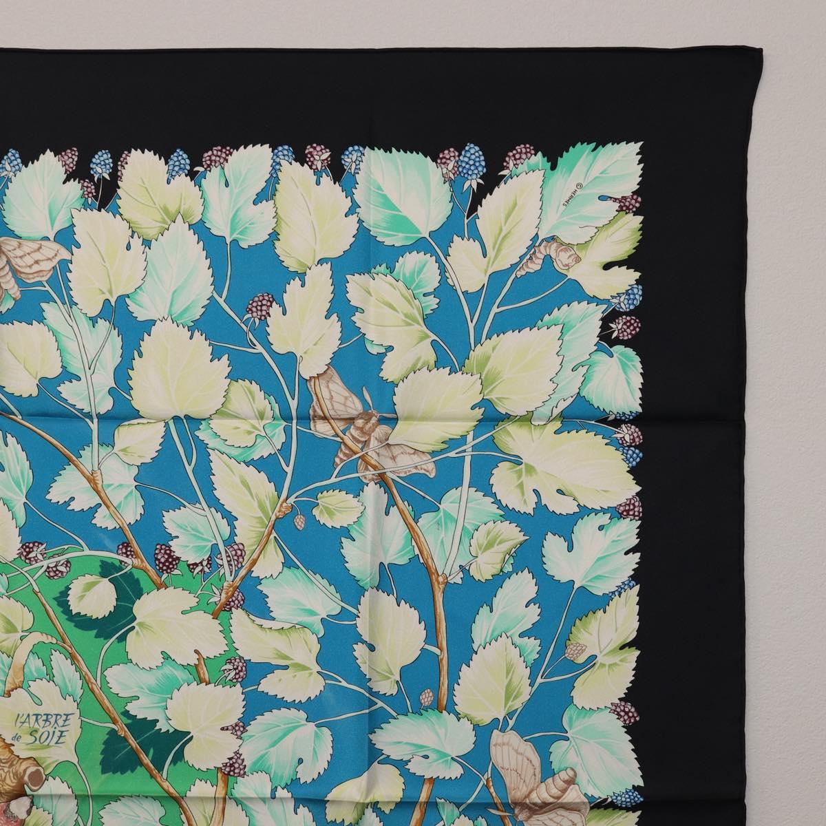 HERMES Carre 90 Scarf Silk Black Blue ""L'ARBRE de SOIE"" Auth ki6867M