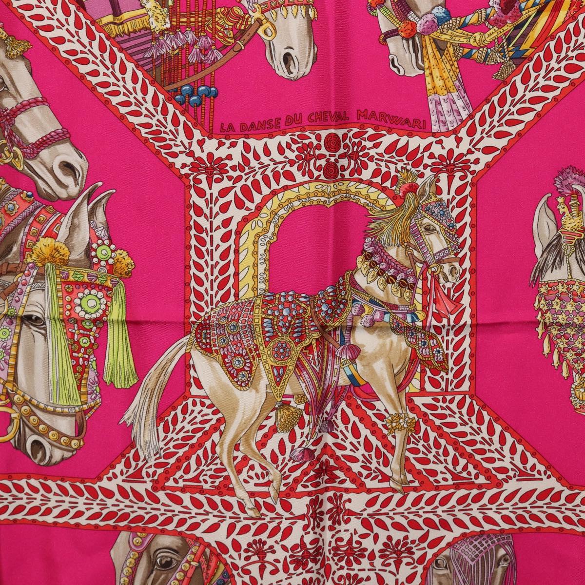 HERMES Carre 90 Scarf Silk Pink ""LA DANSE DU CHEVAL MARAWARI"" Auth ki6868M