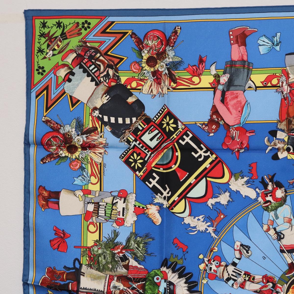 HERMES Carre 90 Scarf Silk Blue Red ""KACHINAS"" Auth ki6872M