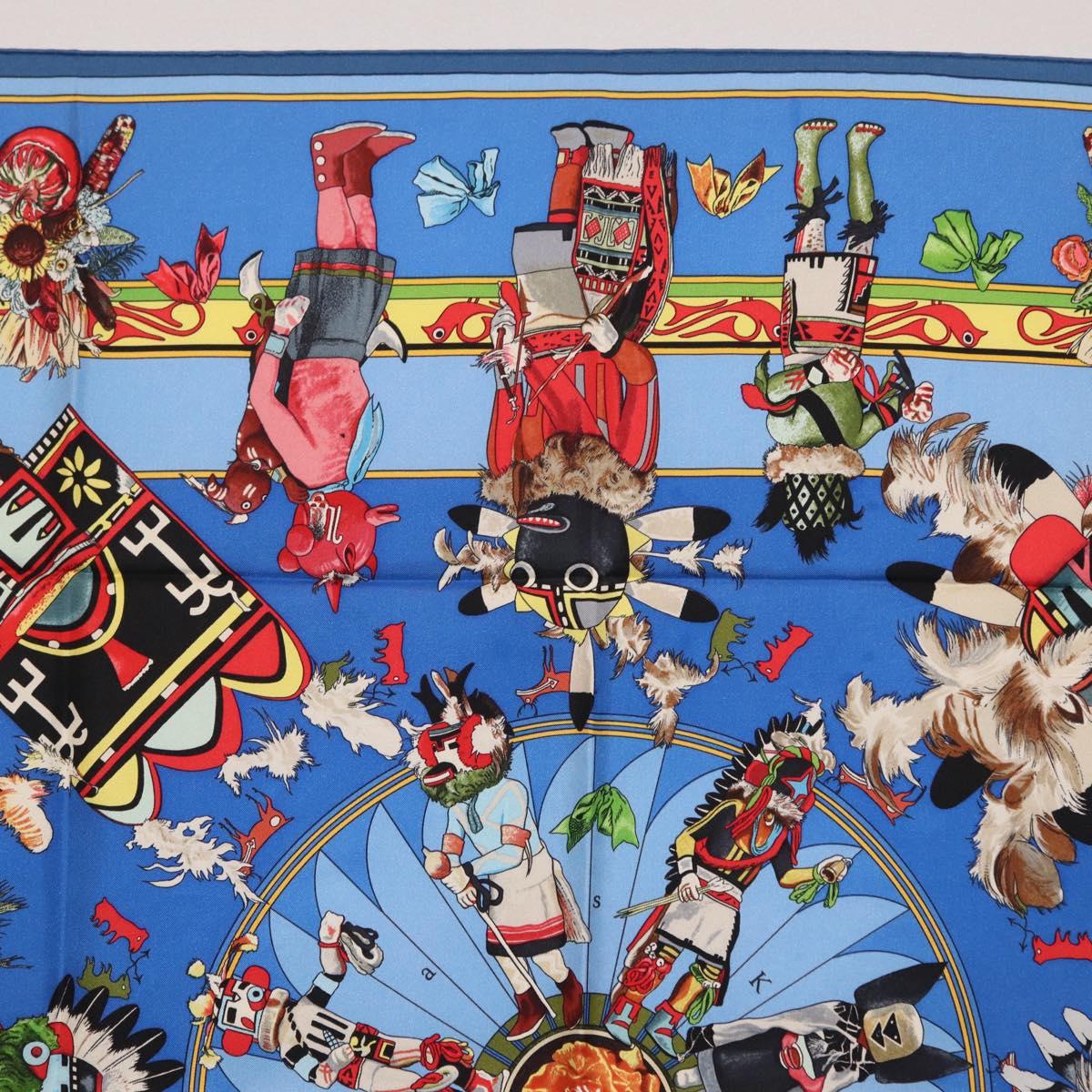 HERMES Carre 90 Scarf Silk Blue Red ""KACHINAS"" Auth ki6872M