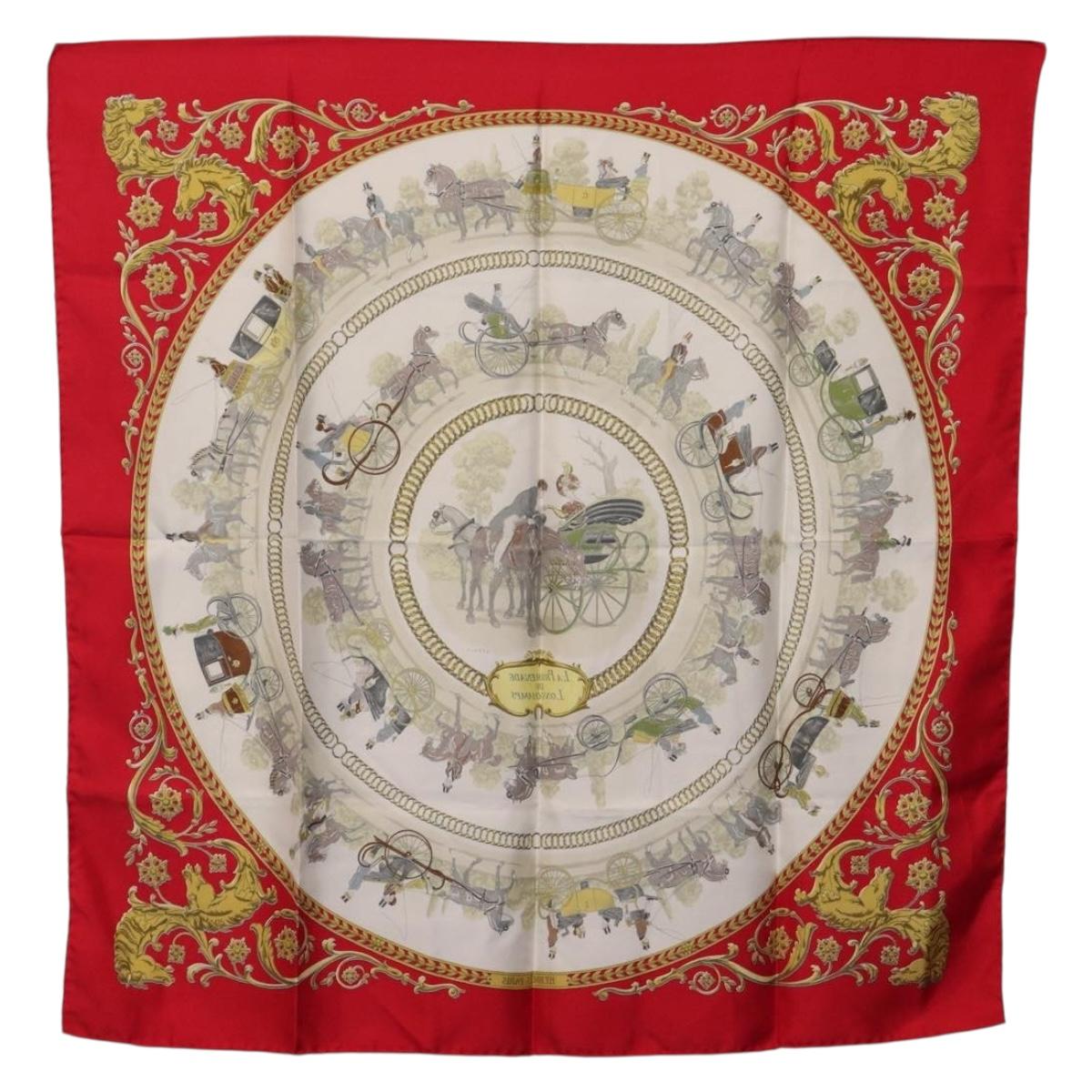HERMES Carre 90 Scarf Silk Red White ""LA PROMENADE DE LONGCHAMPS"" Auth ki6873M