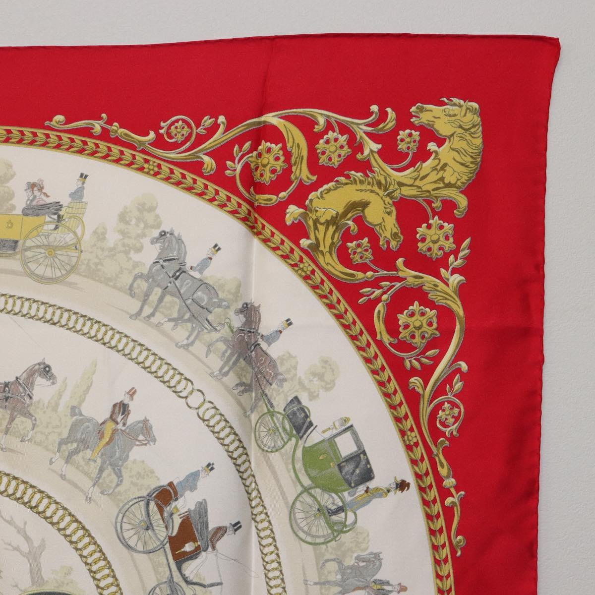 HERMES Carre 90 Scarf Silk Red White ""LA PROMENADE DE LONGCHAMPS"" Auth ki6873M