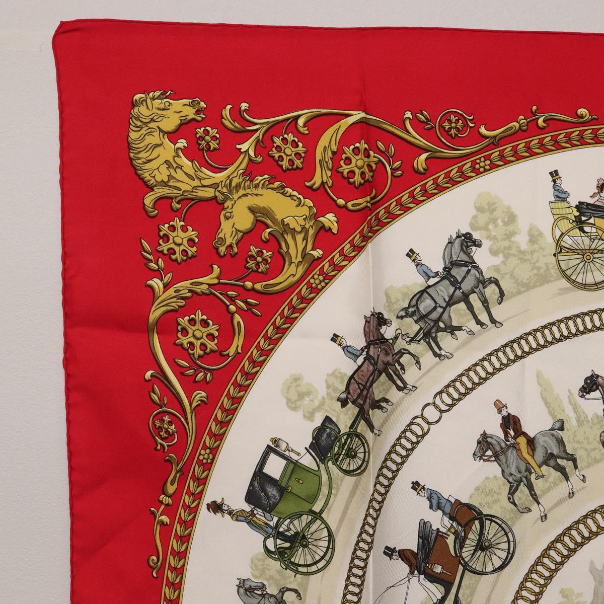 HERMES Carre 90 Scarf Silk Red White ""LA PROMENADE DE LONGCHAMPS"" Auth ki6873M