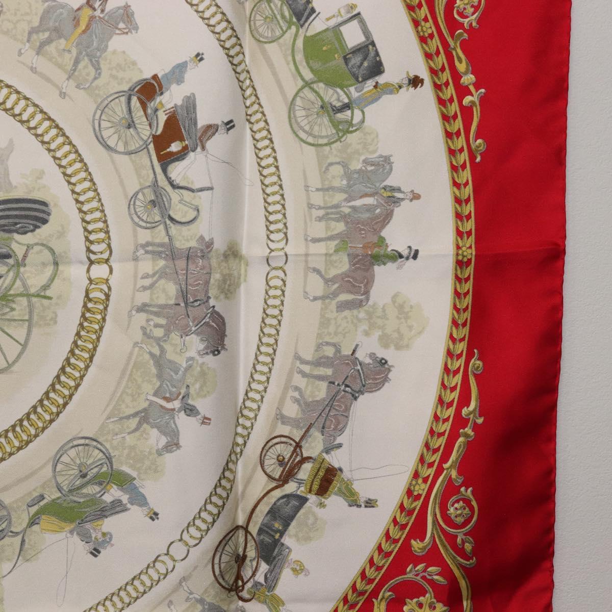 HERMES Carre 90 Scarf Silk Red White ""LA PROMENADE DE LONGCHAMPS"" Auth ki6873M