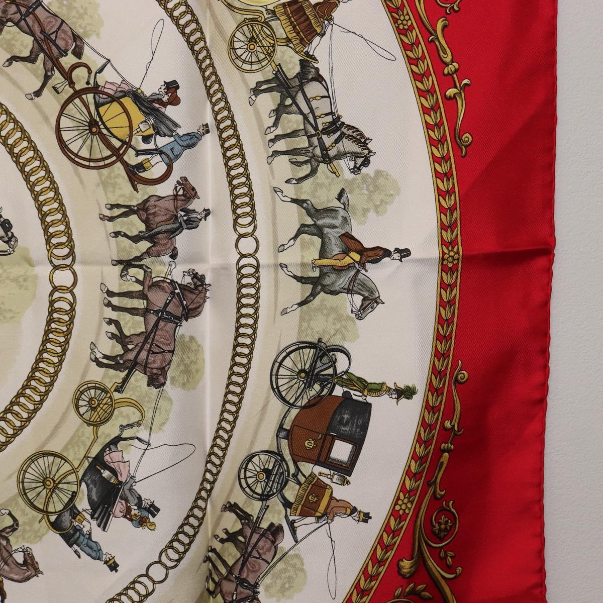 HERMES Carre 90 Scarf Silk Red White ""LA PROMENADE DE LONGCHAMPS"" Auth ki6873M