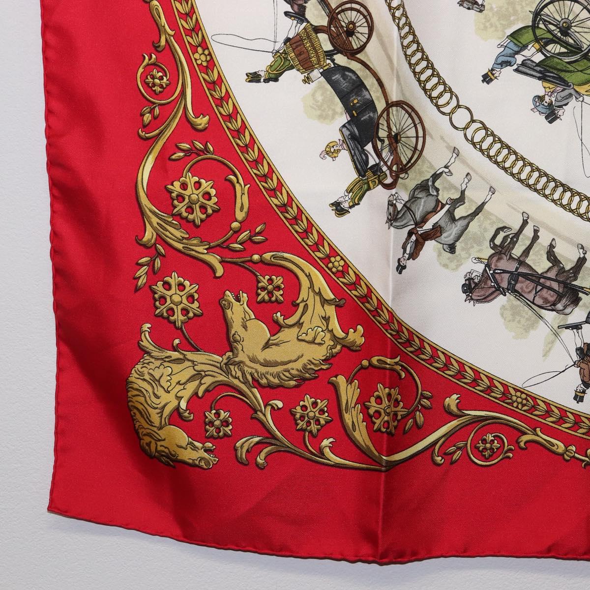 HERMES Carre 90 Scarf Silk Red White ""LA PROMENADE DE LONGCHAMPS"" Auth ki6873M