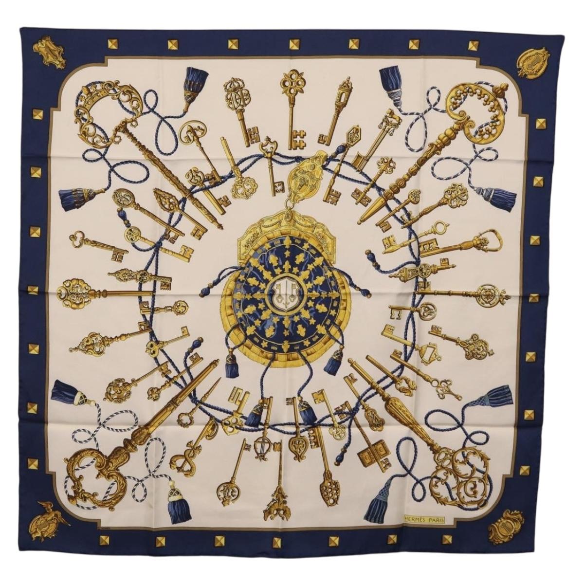 HERMES Carre 90 Scarf Silk Blue White Auth ki6874M