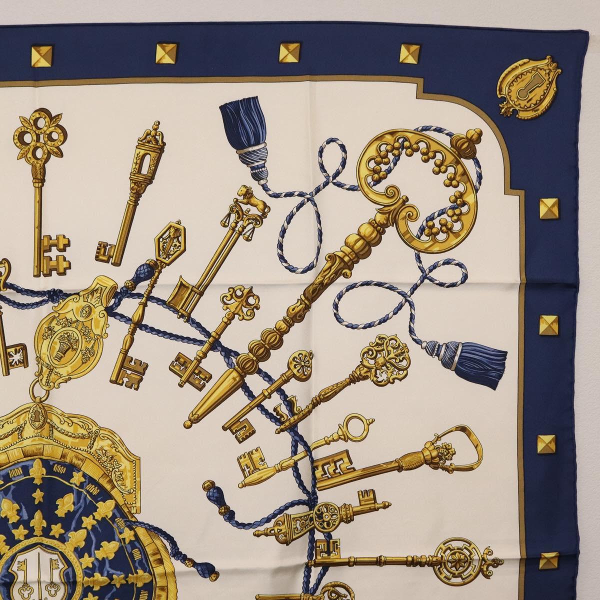 HERMES Carre 90 Scarf Silk Blue White Auth ki6874M