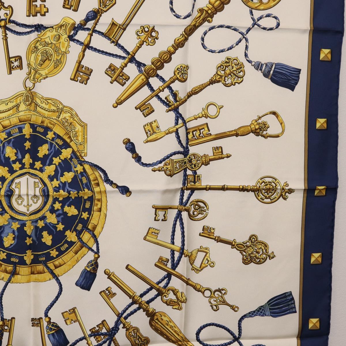 HERMES Carre 90 Scarf Silk Blue White Auth ki6874M