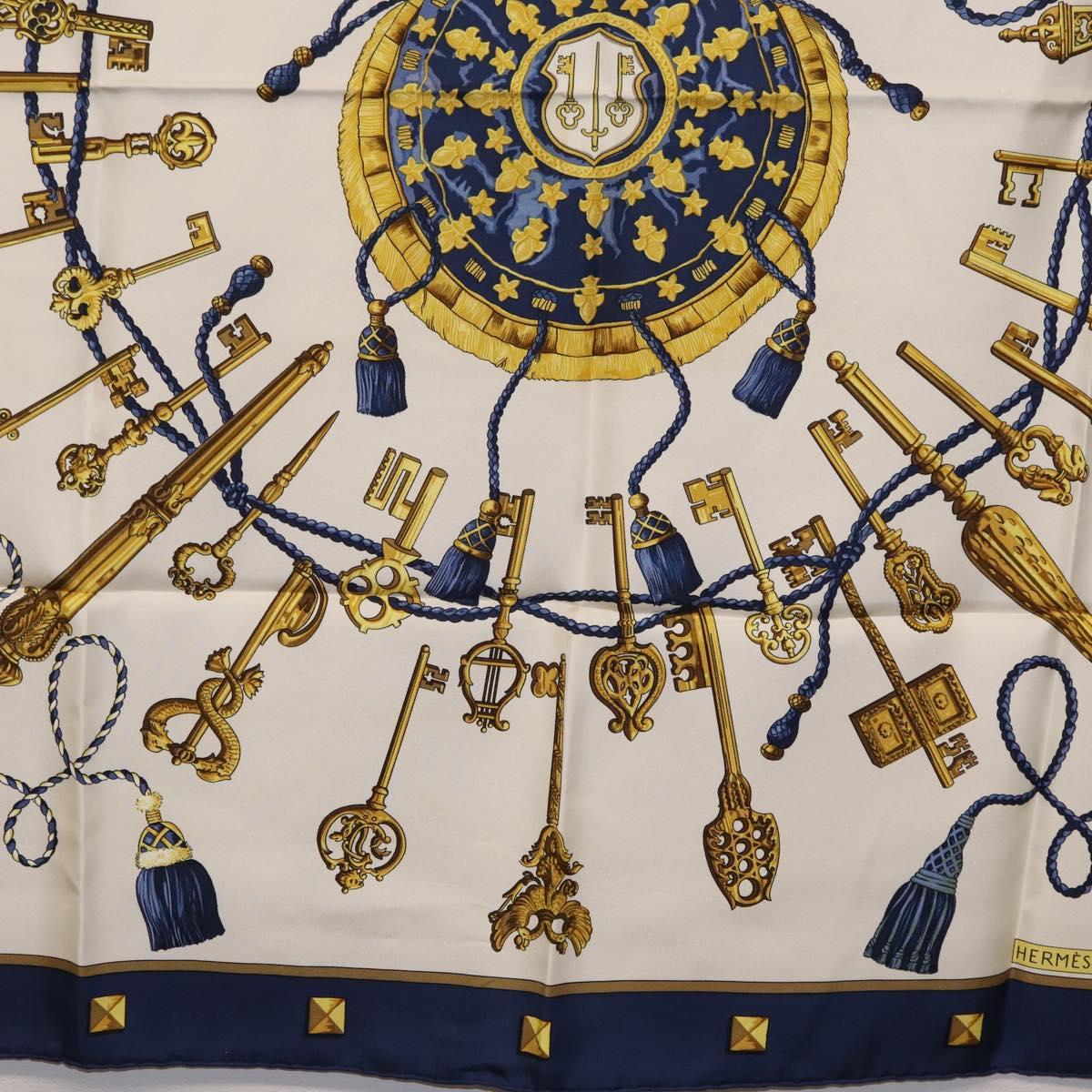 HERMES Carre 90 Scarf Silk Blue White Auth ki6874M