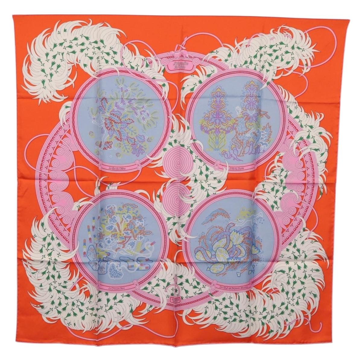 HERMES Carre 90 Scarf Silk Orange Light Blue ""Le Gui du Chene"" Auth ki6875M