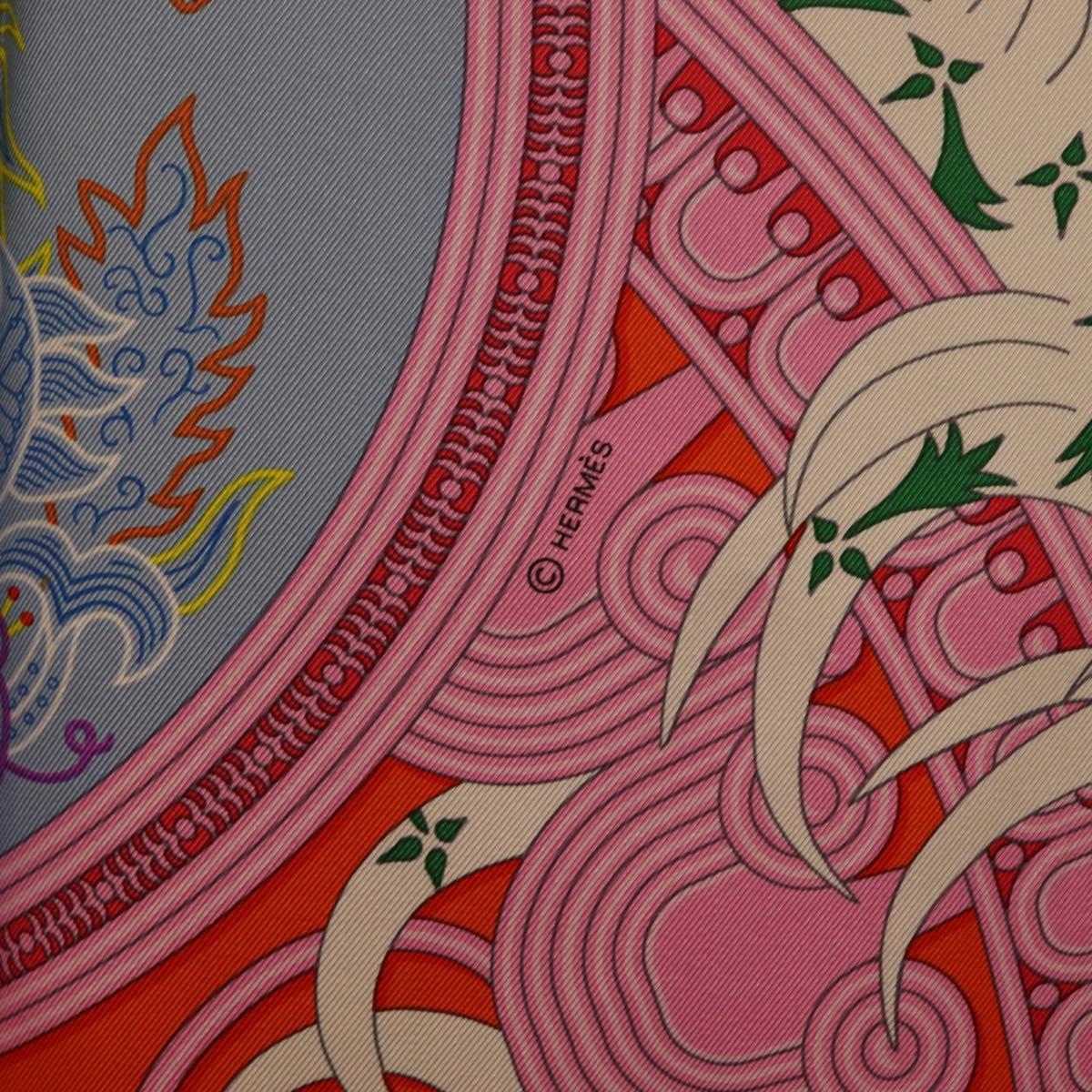 HERMES Carre 90 Scarf Silk Orange Light Blue ""Le Gui du Chene"" Auth ki6875M