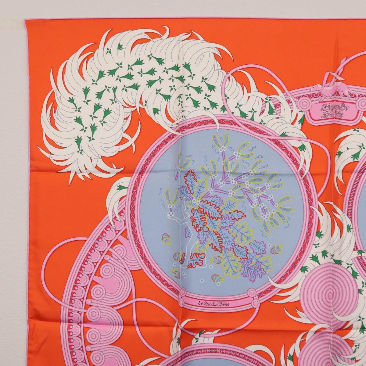HERMES Carre 90 Scarf Silk Orange Light Blue ""Le Gui du Chene"" Auth ki6875M
