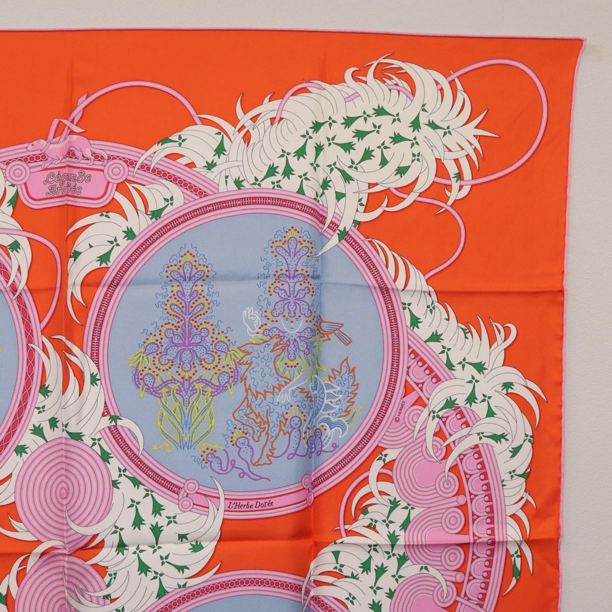 HERMES Carre 90 Scarf Silk Orange Light Blue ""Le Gui du Chene"" Auth ki6875M