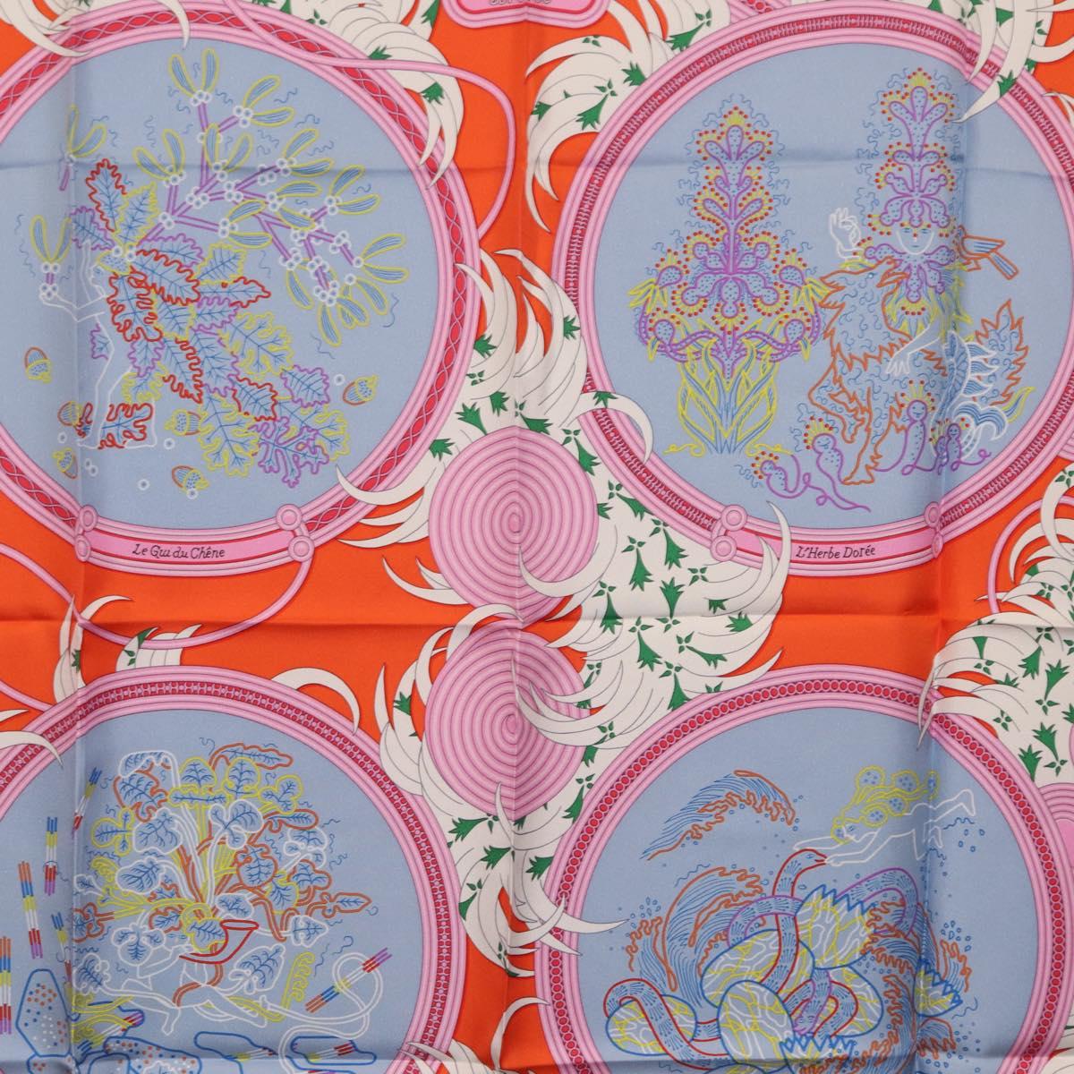 HERMES Carre 90 Scarf Silk Orange Light Blue ""Le Gui du Chene"" Auth ki6875M