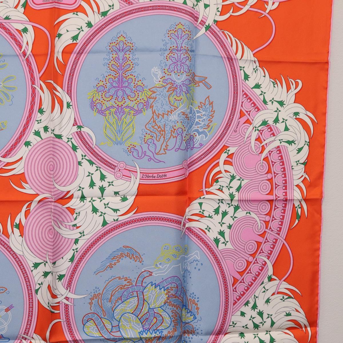 HERMES Carre 90 Scarf Silk Orange Light Blue ""Le Gui du Chene"" Auth ki6875M