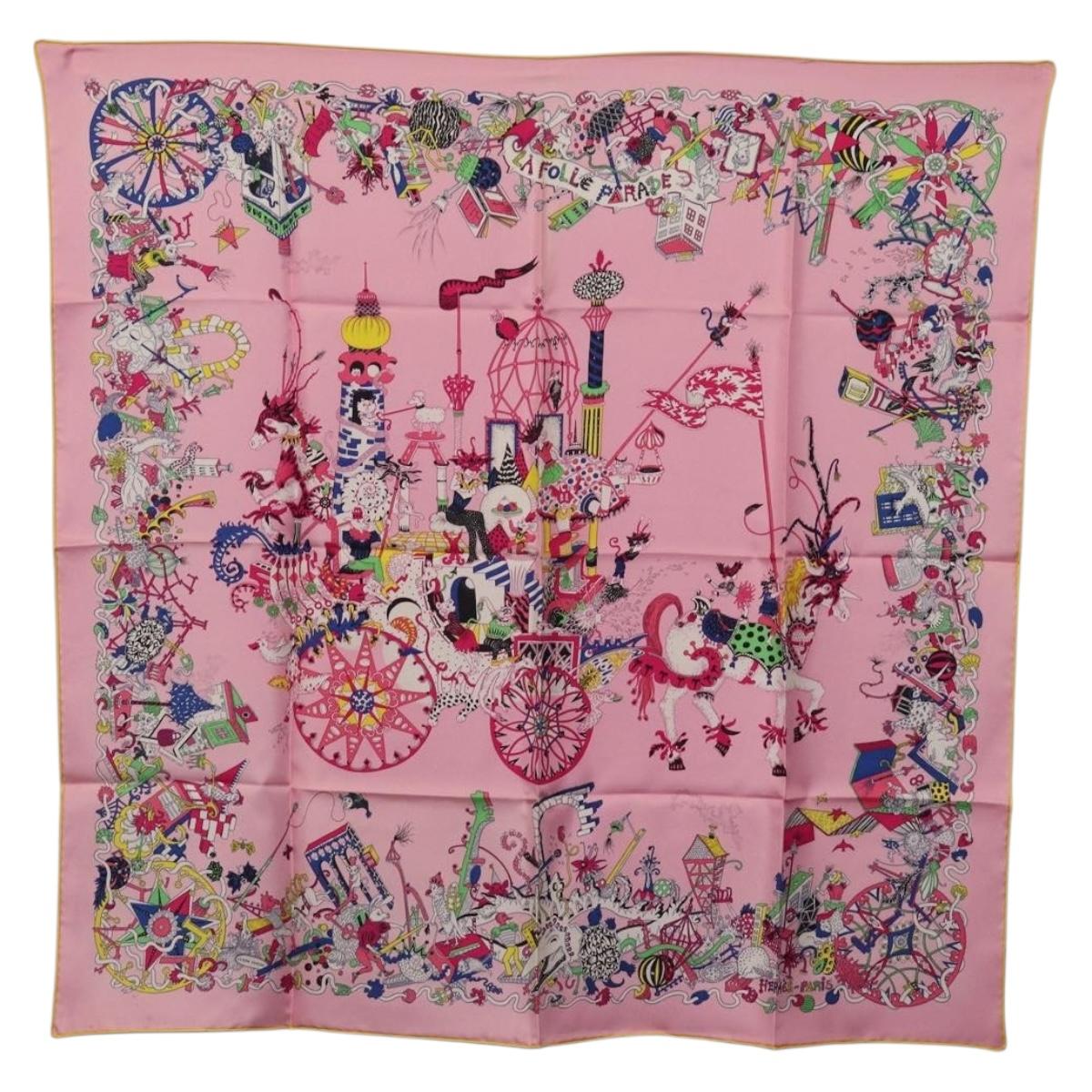 HERMES Carre 90 Scarf Silk Pink Yellow ""La Folle Parade"" Auth ki6876M
