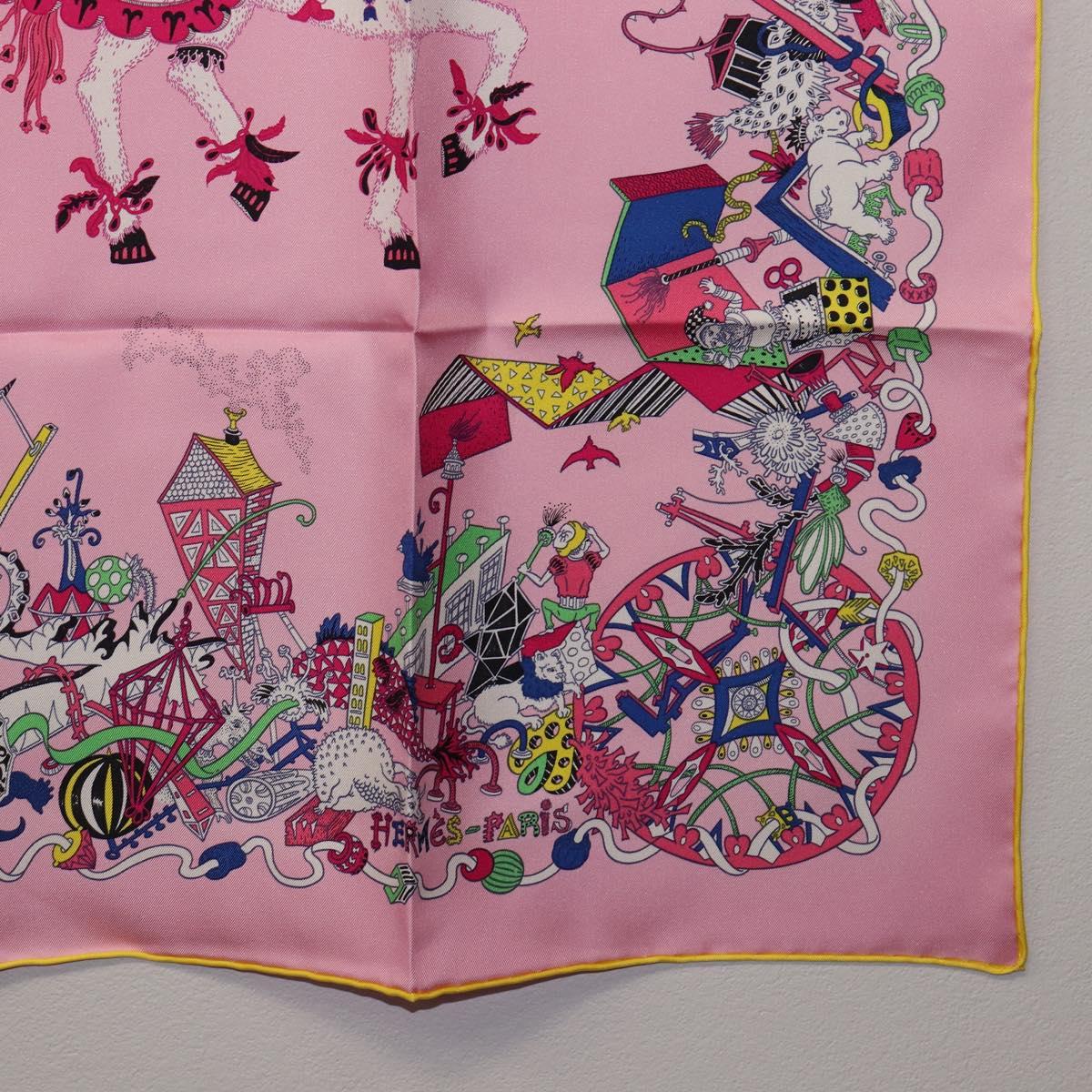 HERMES Carre 90 Scarf Silk Pink Yellow ""La Folle Parade"" Auth ki6876M