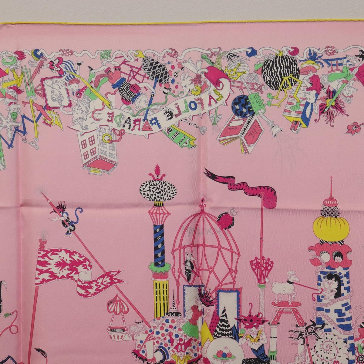 HERMES Carre 90 Scarf Silk Pink Yellow ""La Folle Parade"" Auth ki6876M