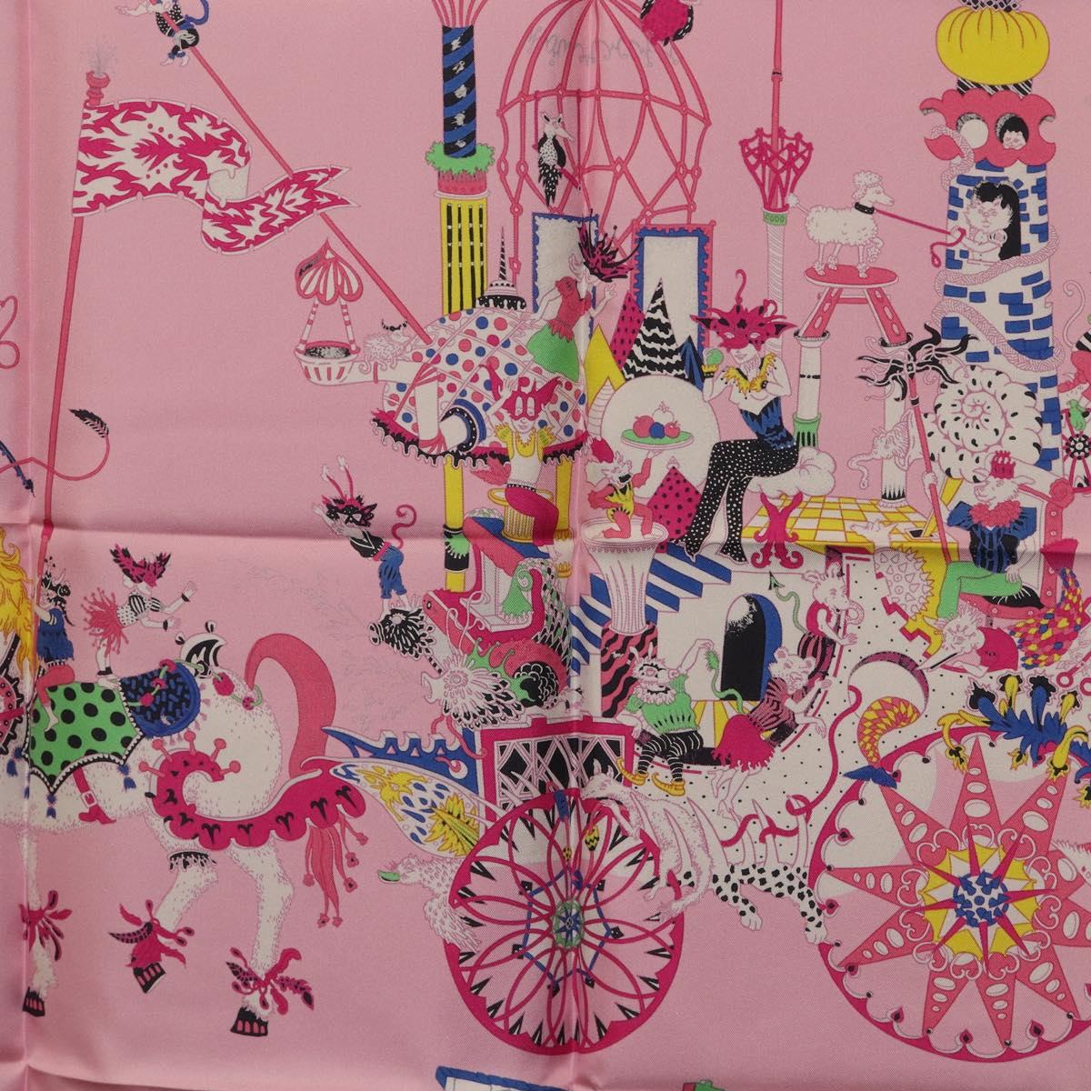 HERMES Carre 90 Scarf Silk Pink Yellow ""La Folle Parade"" Auth ki6876M