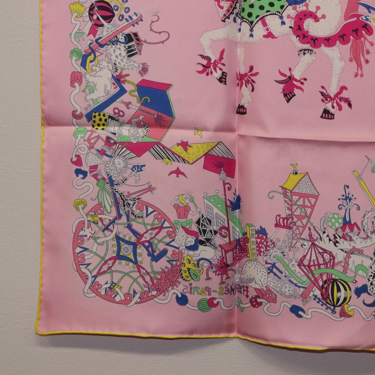 HERMES Carre 90 Scarf Silk Pink Yellow ""La Folle Parade"" Auth ki6876M