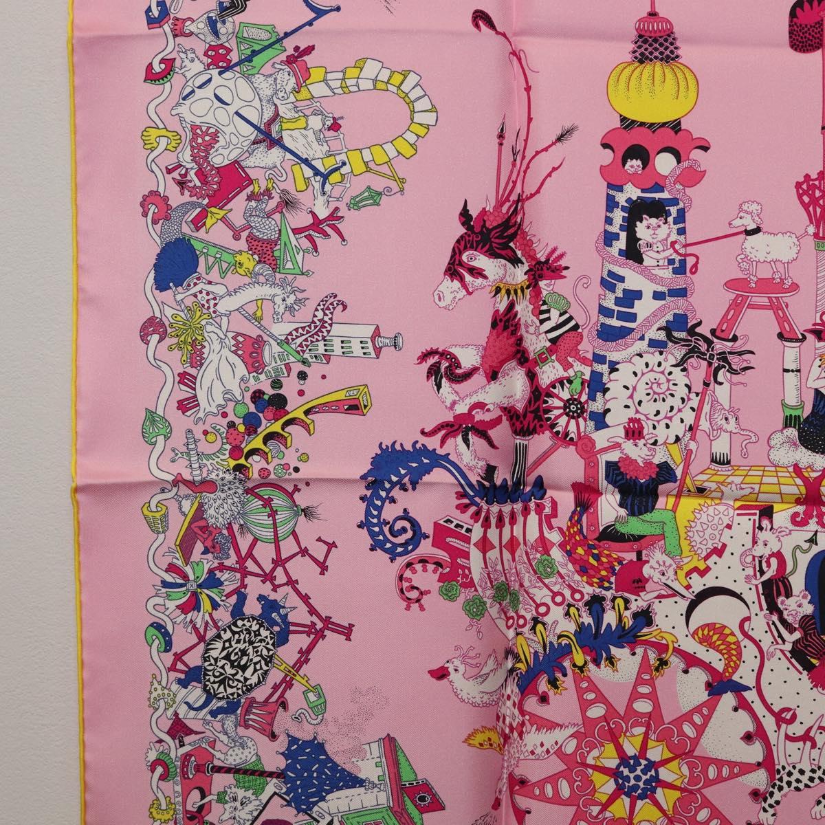 HERMES Carre 90 Scarf Silk Pink Yellow ""La Folle Parade"" Auth ki6876M