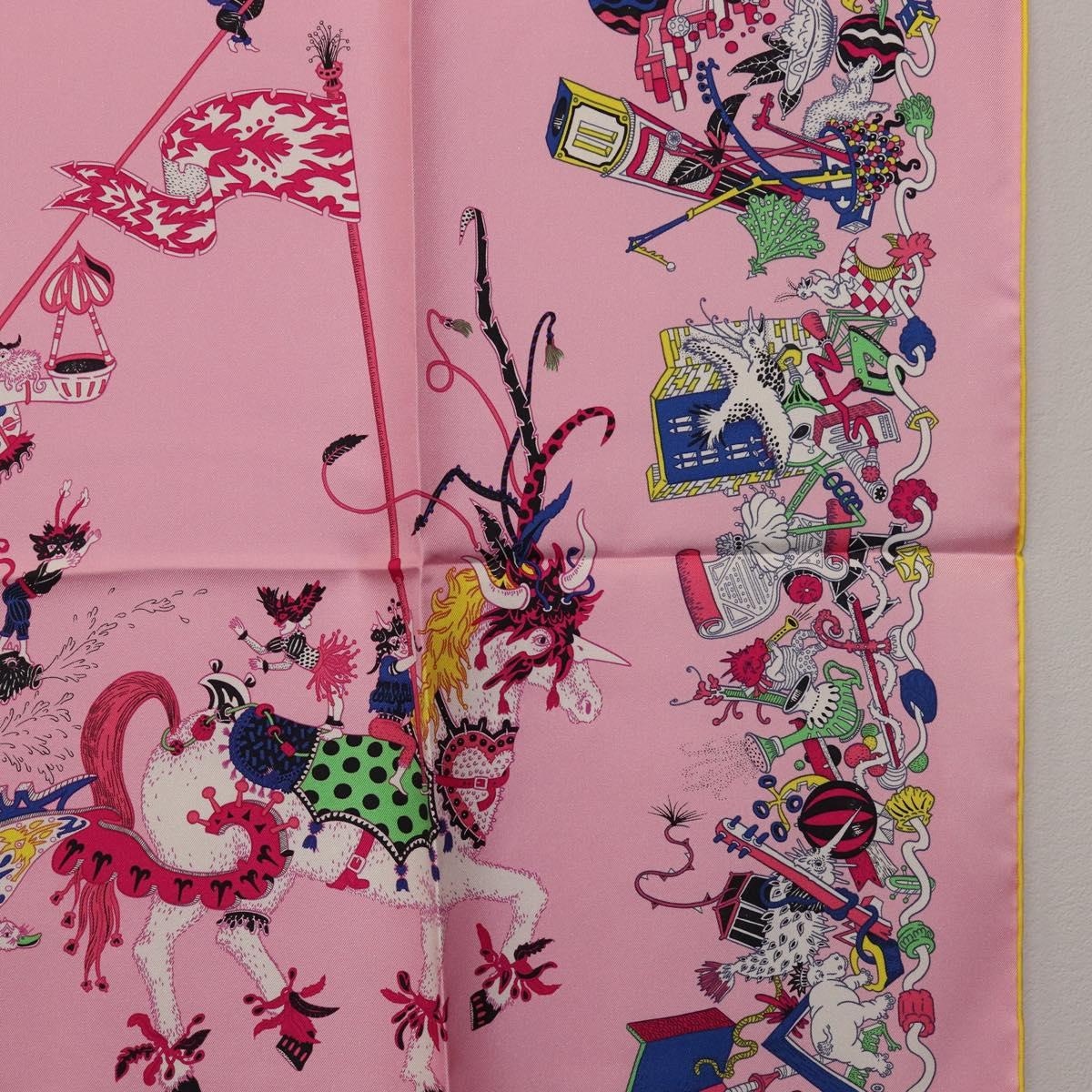 HERMES Carre 90 Scarf Silk Pink Yellow ""La Folle Parade"" Auth ki6876M