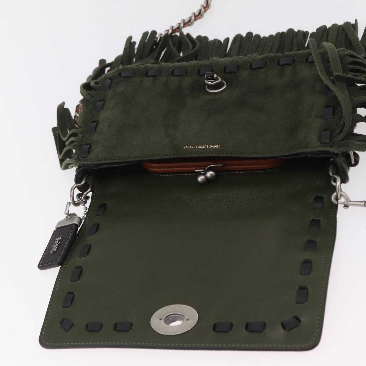 Coach Chain Shoulder Bag Suede Khaki Silver Auth ki6887A