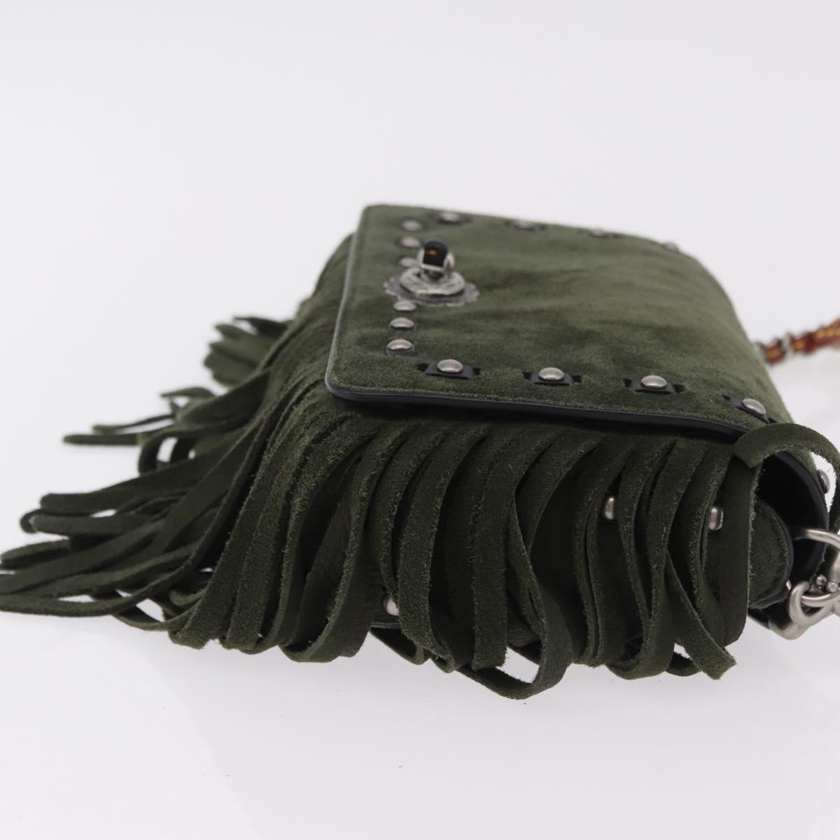 Coach Chain Shoulder Bag Suede Khaki Silver Auth ki6887A