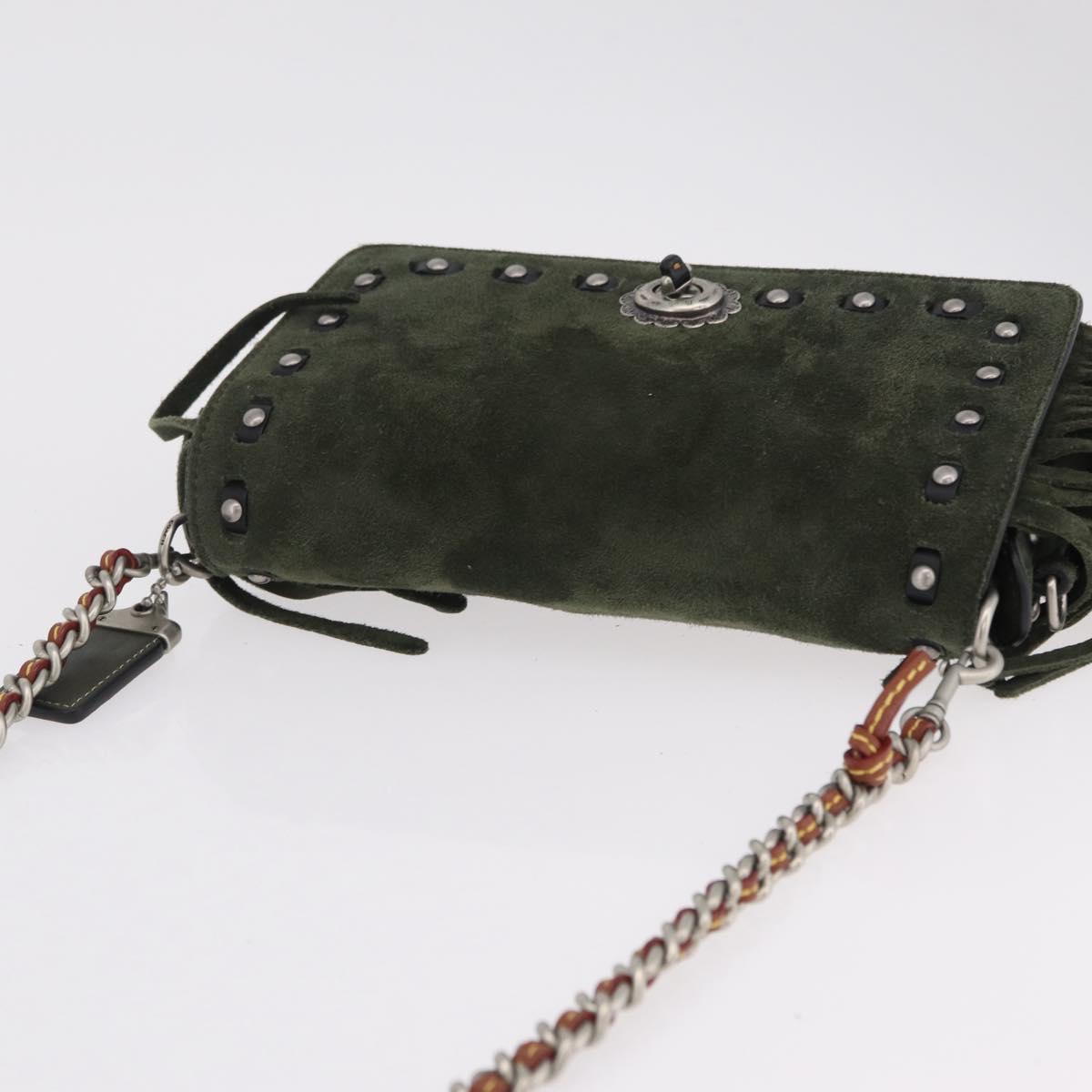 Coach Chain Shoulder Bag Suede Khaki Silver Auth ki6887A