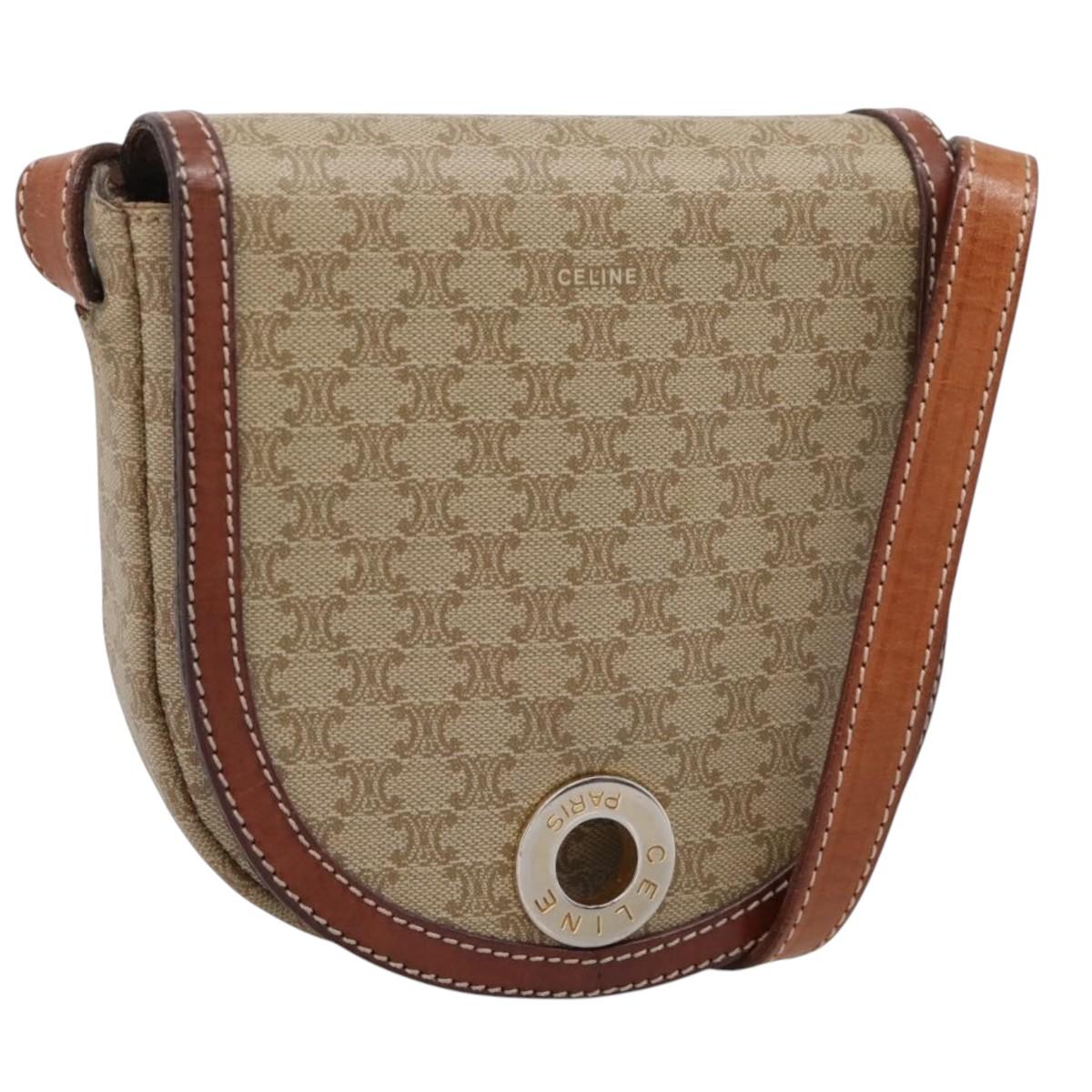 CELINE Macadam Circle Logo Shoulder Bag PVC Beige Gold Tone Auth ki6890