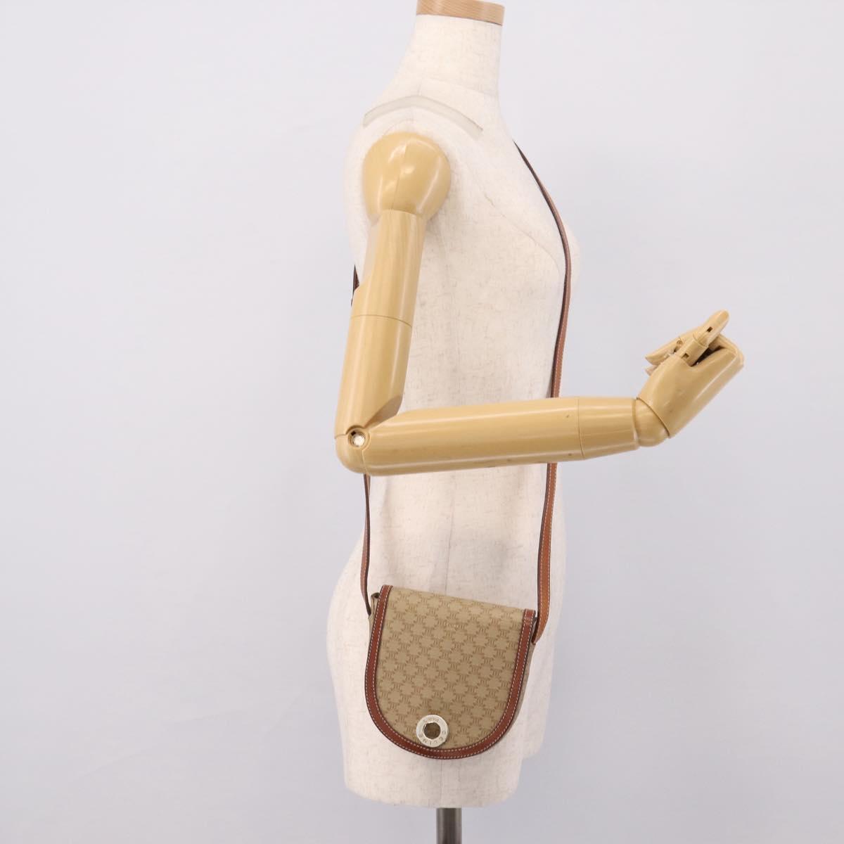CELINE Macadam Circle Logo Shoulder Bag PVC Beige Gold Tone Auth ki6890