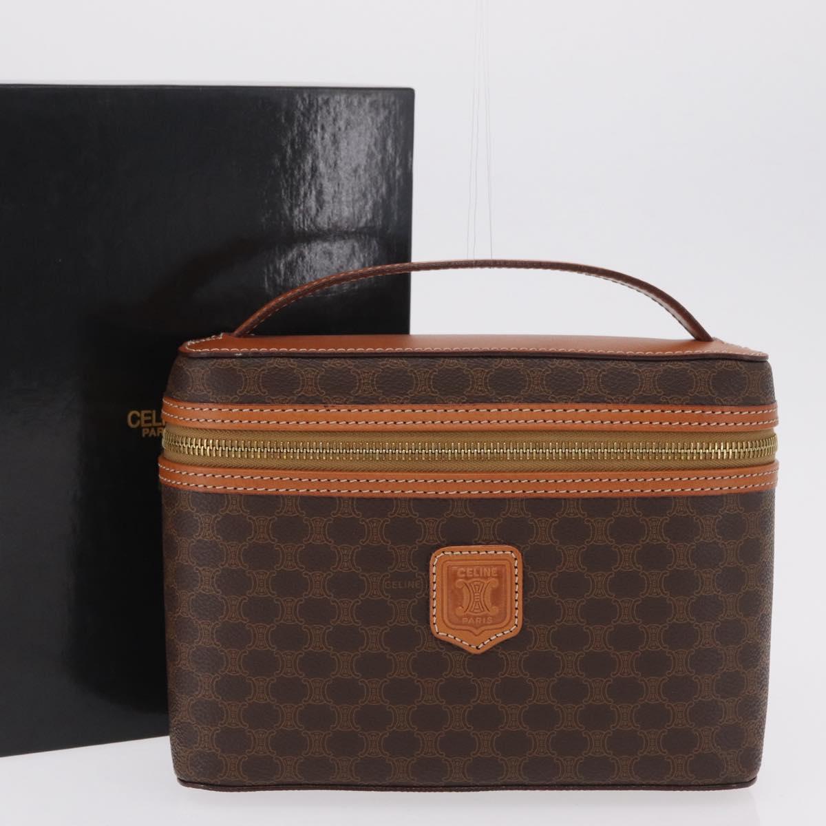 CELINE Macadam Vanity Cosmetic Pouch PVC Brown Gold Tone Auth ki6895M